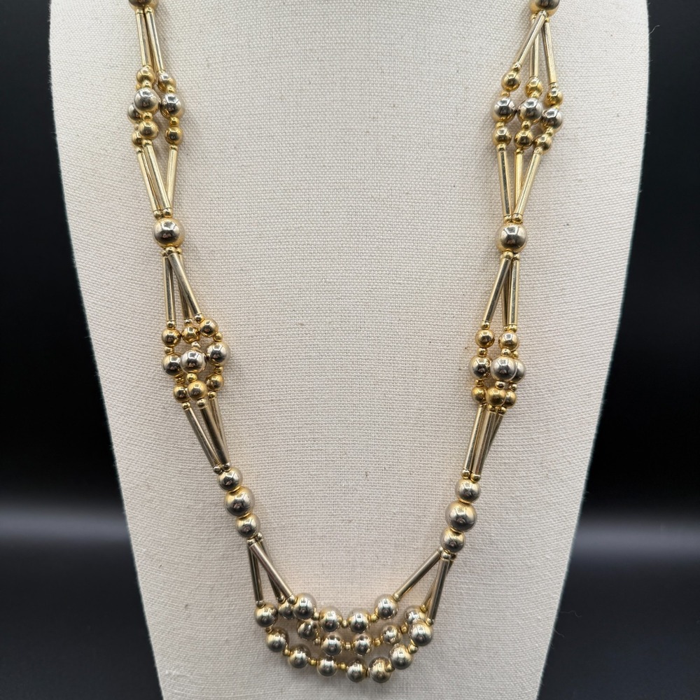 Gold & Silver Tone Beaded Necklace Geometric Multi Strand Statement Vintage Gift